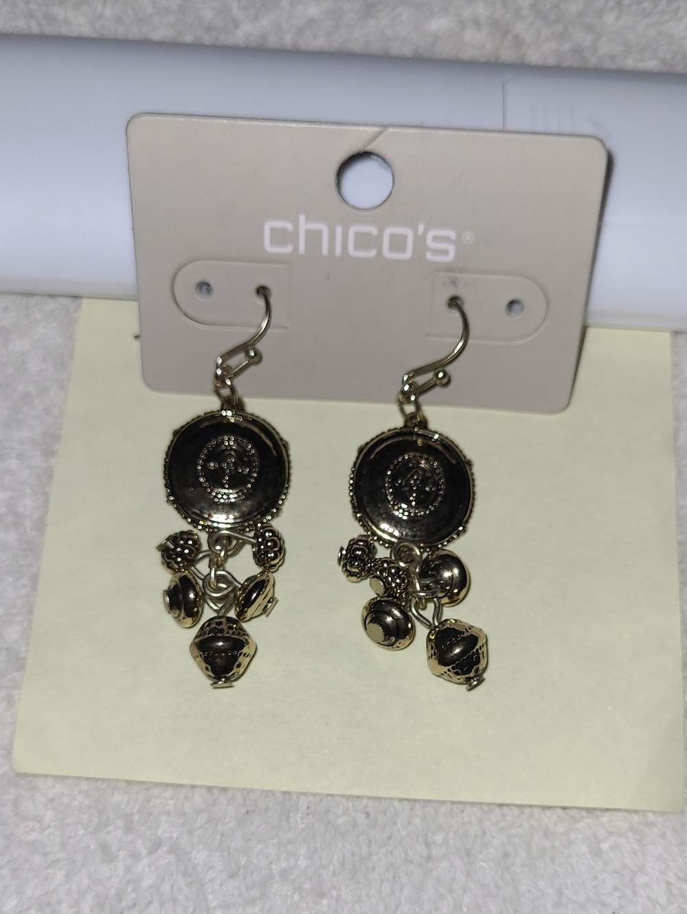 Chico's Shiny Gold Dangle Medallion Earrings with Charms